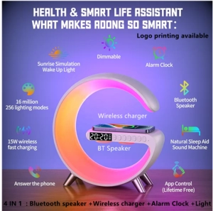 Cargador Inalambrico 4 en 1, con Parlante BT, Lampara y Reloj, 24x23x8 cm