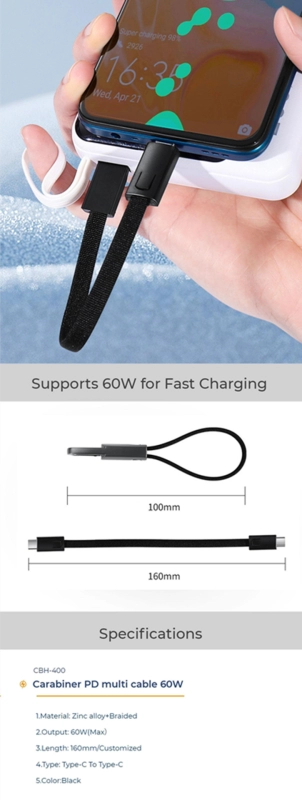 Llavero Metalico Carabinero Cargador de 60W, tipo C a Tipo C