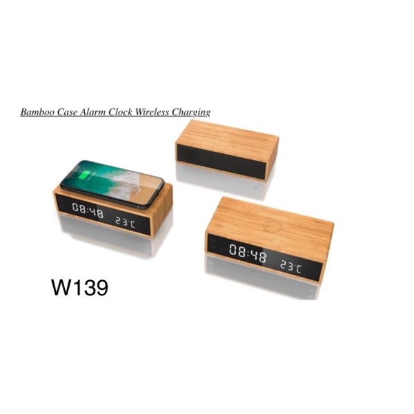 Cargador Inalambrico en Madera, con Reloj Despertador, 160 x 75 x 35 mm