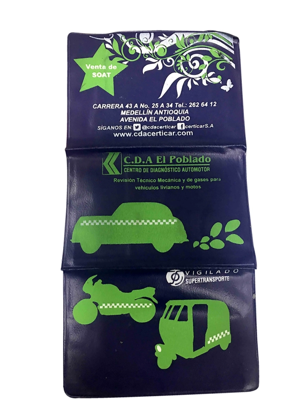 Portadocumentos de 3 cuerpos, para Soat del Carro, tamaño 24 x 12 cmts
