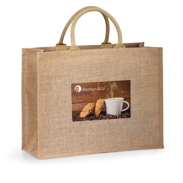 Bolso Tuscany, todo en Yute, con bolsillo frontal en lona, 40 x 38 x 10 cmts