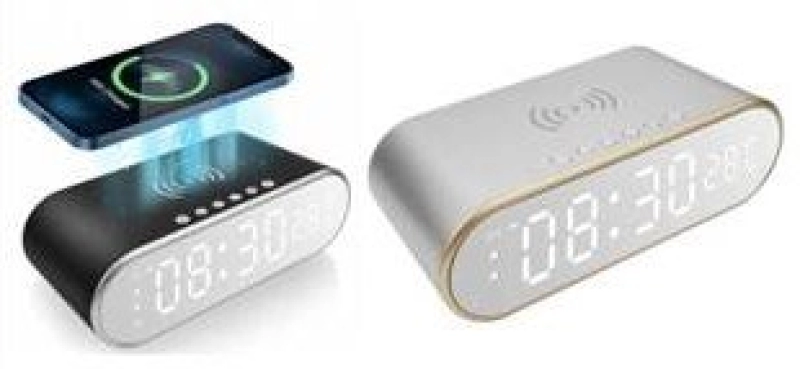 Reloj con Cargador Inalámbrico capacidad 15W, con Alarma, Termostato y Espejo.
