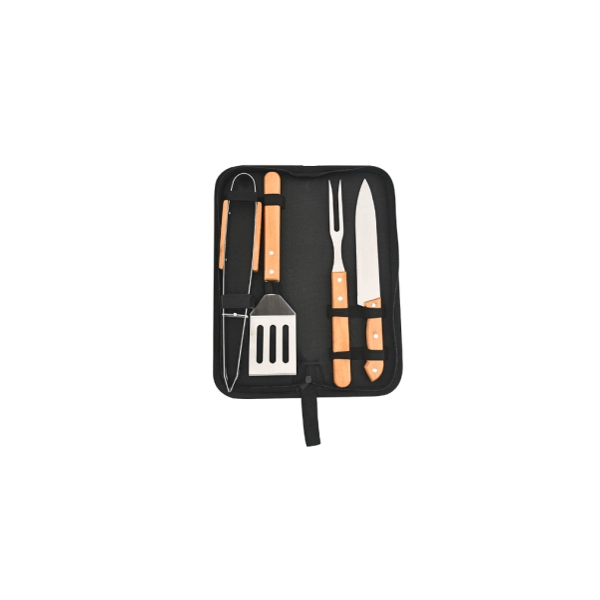 Set de BBQ 4 en 1, en madera y acero inoxidable, con estuche