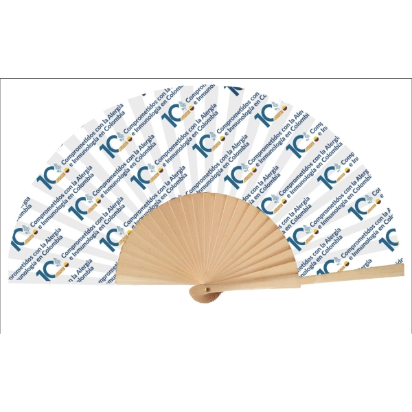 Ventilador o Abanico Manual, manija madera con poliester algodon, 23 x 3.5 cmts