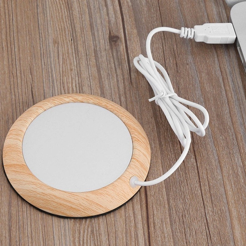 Calentador Kaffee, con cable USB, 5W, en acero y madera, de 10.3 cmts diametro