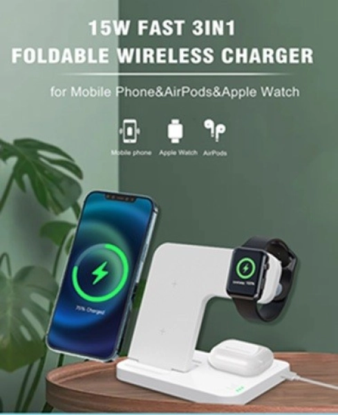 Cargador Inalámbrico de 15W Plegable, 3 en 1, Stand y Cargador Doble