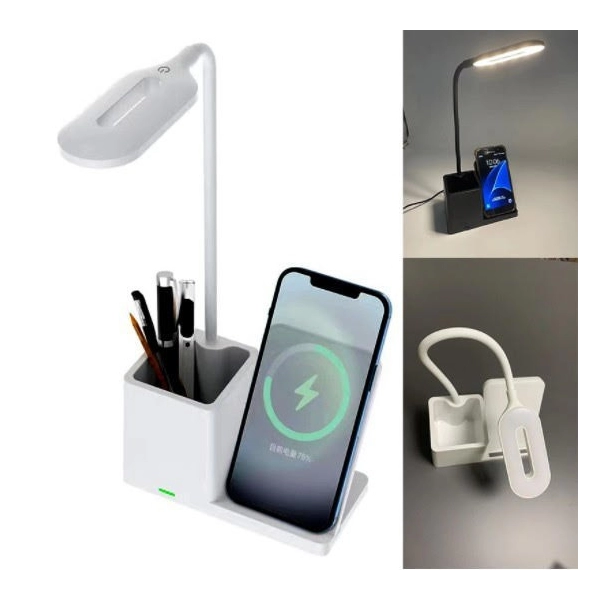 Cargador Inalámbrico 4 en 1, 15W, Portaboligrafo, Stand Celular y Lampara Escritorio.