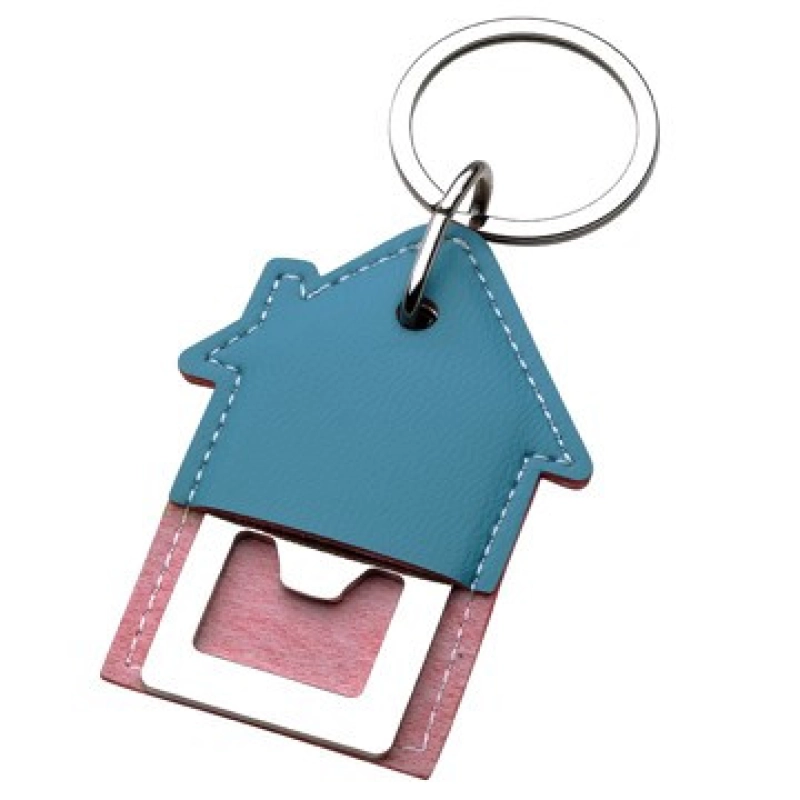 Llavero Metalico en forma de Casa con Destapador forrado en imitacion cuero