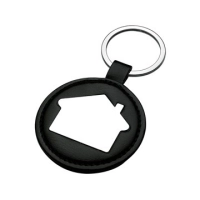 Llavero Metalico en forma de Casa sobre un una base redonda en imitacion cuero