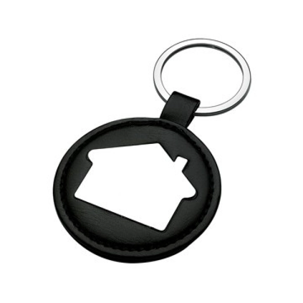 Llavero Metalico en forma de Casa sobre un una base redonda en imitacion cuero