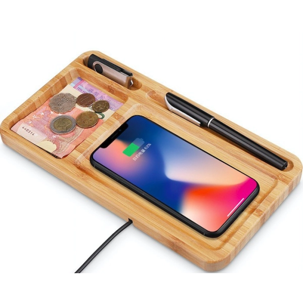 Cargador Inalambrico modelo Bandeja, elaborado en Bambu, 14.4 x 27 x 1.5 cmts