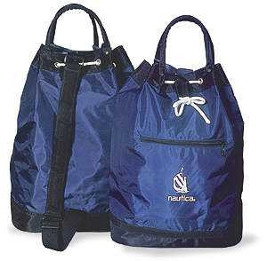 Tula Palmetto, bicolor, en lona, bolsillo al frente, con reata de colgar,  46 x 34 cmts