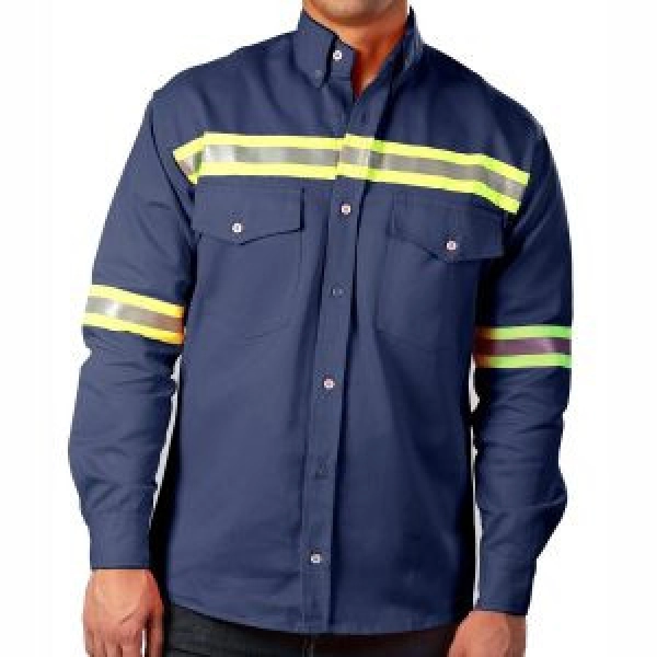 Camisa en tela drill algodón 100%, cuello corbata, manga larga, con reflectivo